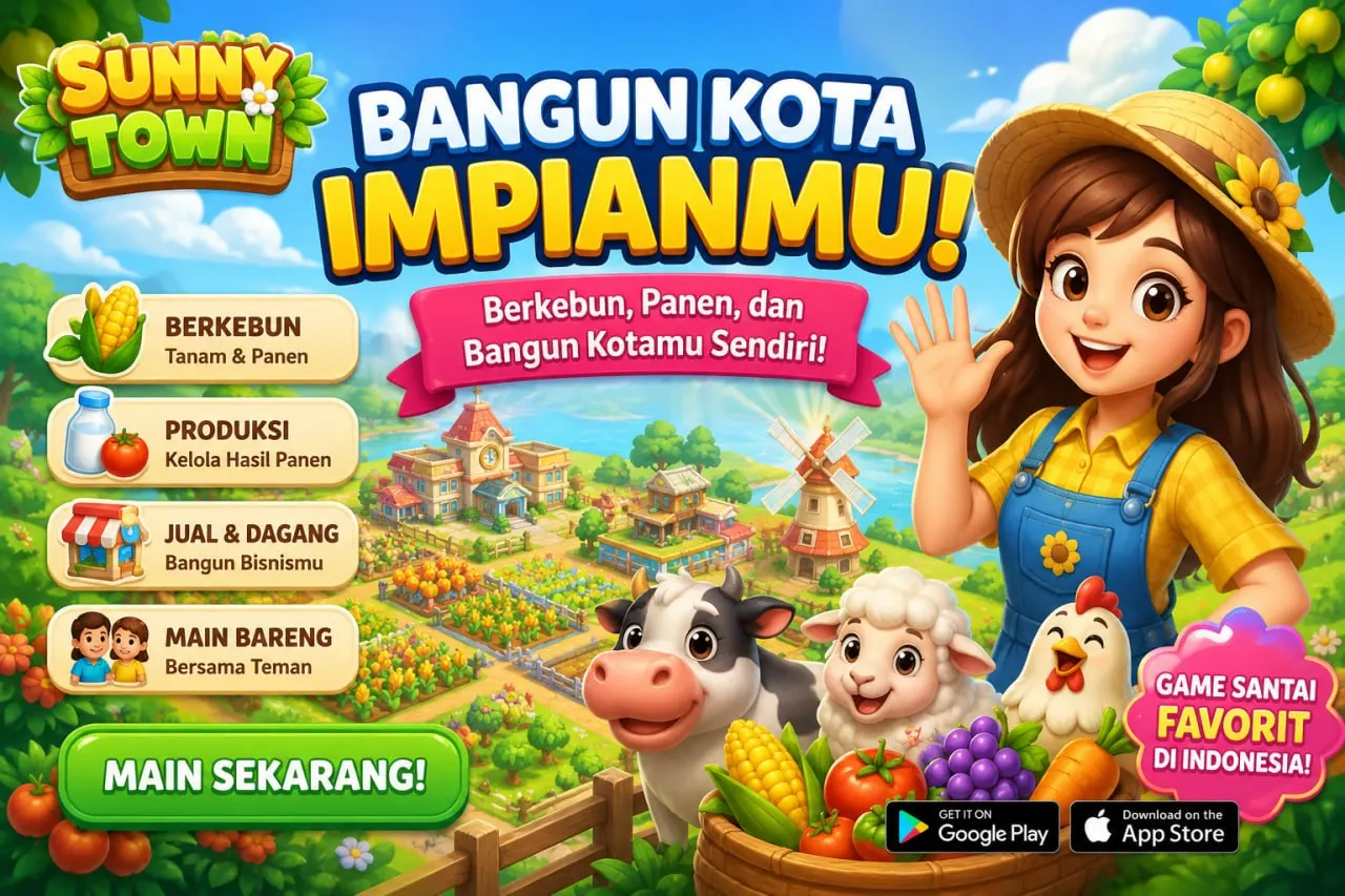 Welcome screen of Sunny Town introducing new players to build, explore, complete quests, and grow their town