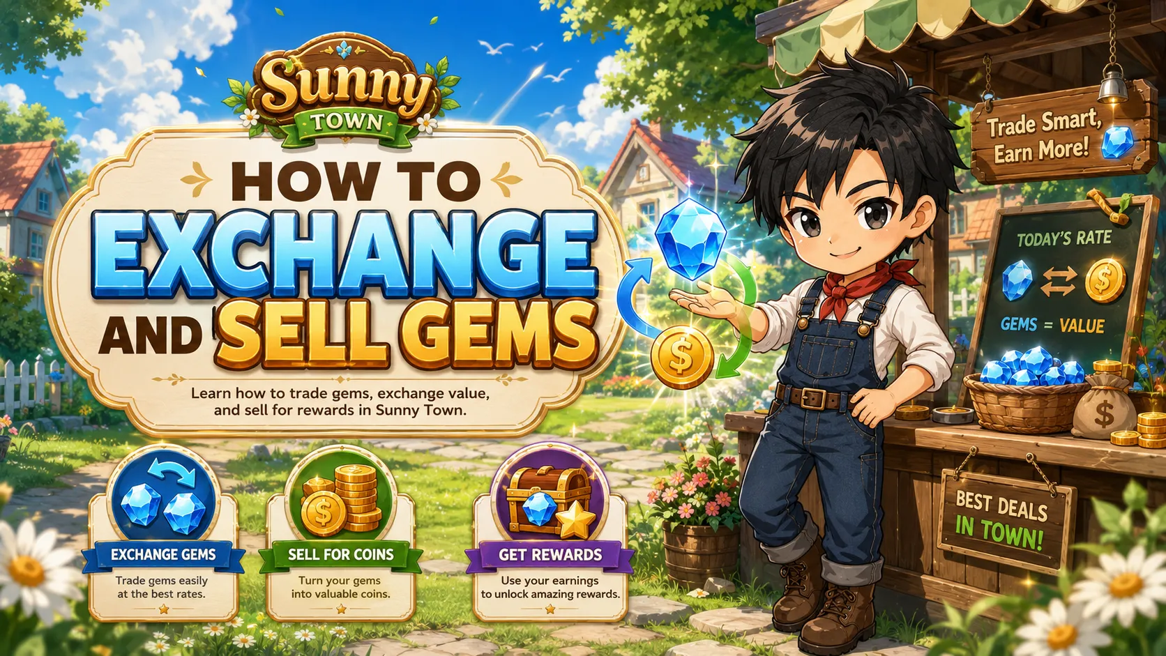Panduan Gem Sunny Town yang menampilkan delapan jenis Gem, Yumi Shop, dan Mr. An Shop