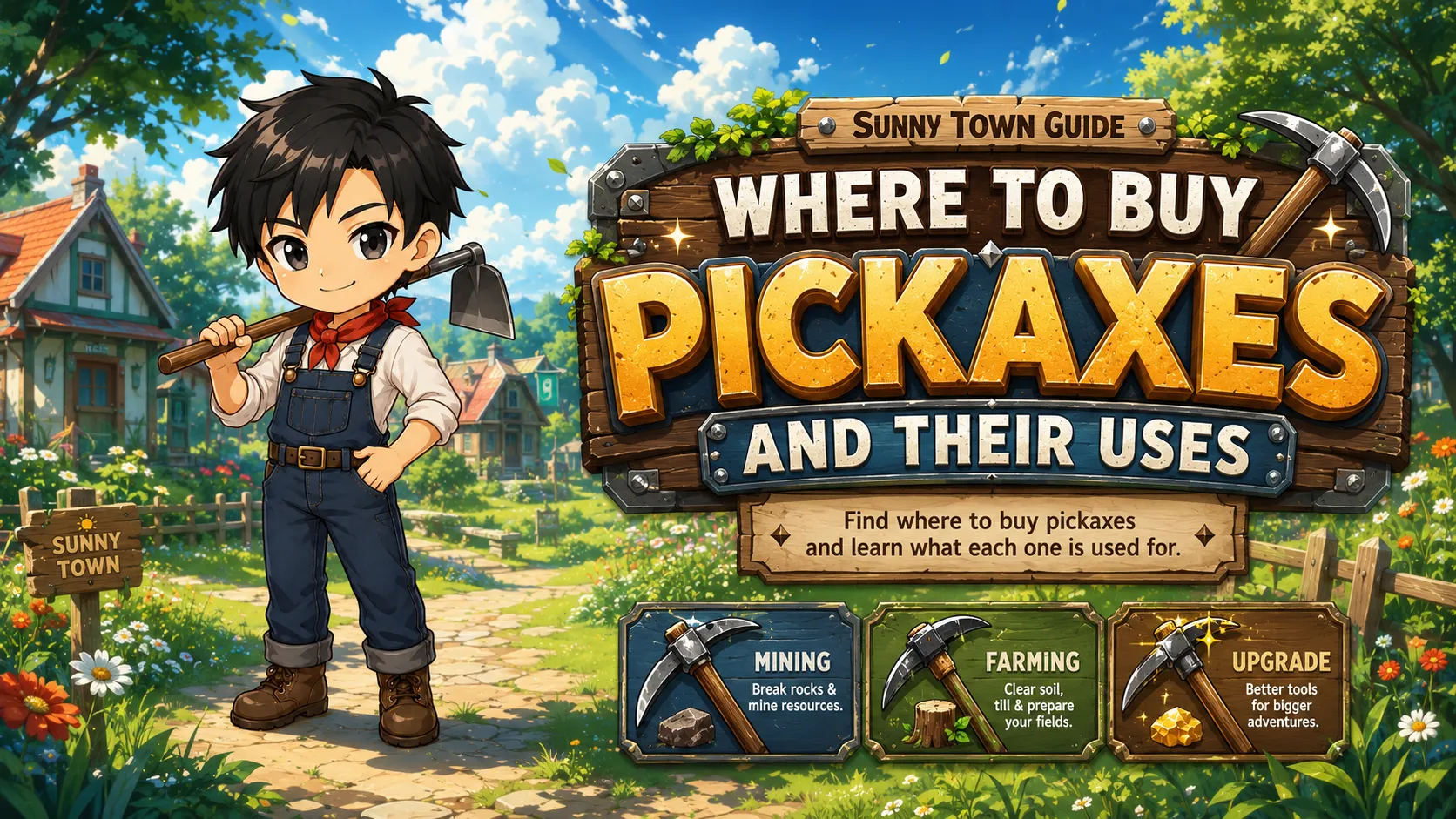 Sunny Town mining guide showing the Miner NPC and different mining tools used to collect Gemstones