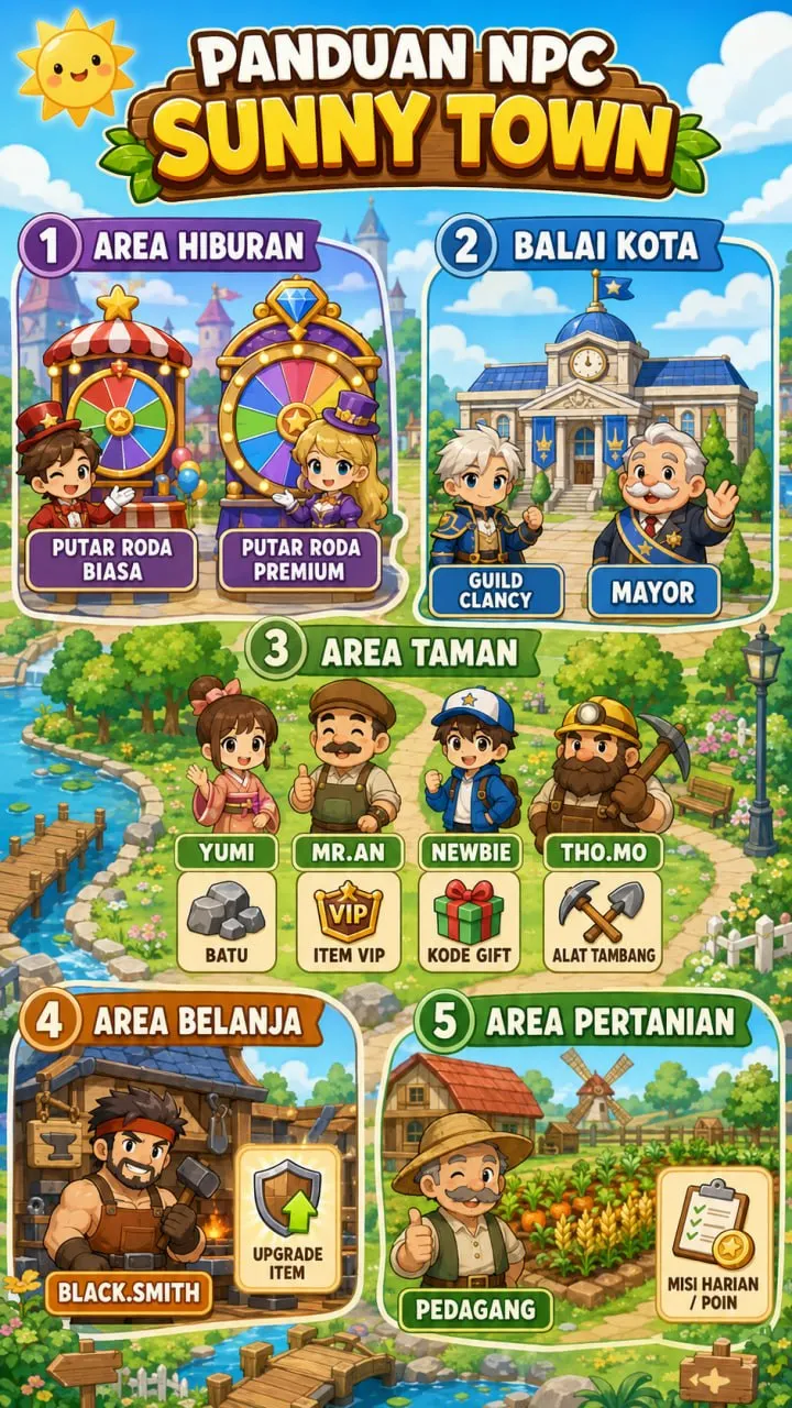 Panduan NPC Sunny Town dari Area Hiburan, Kantor Kota, Area Taman, Area Belanja, dan Area Pertanian
