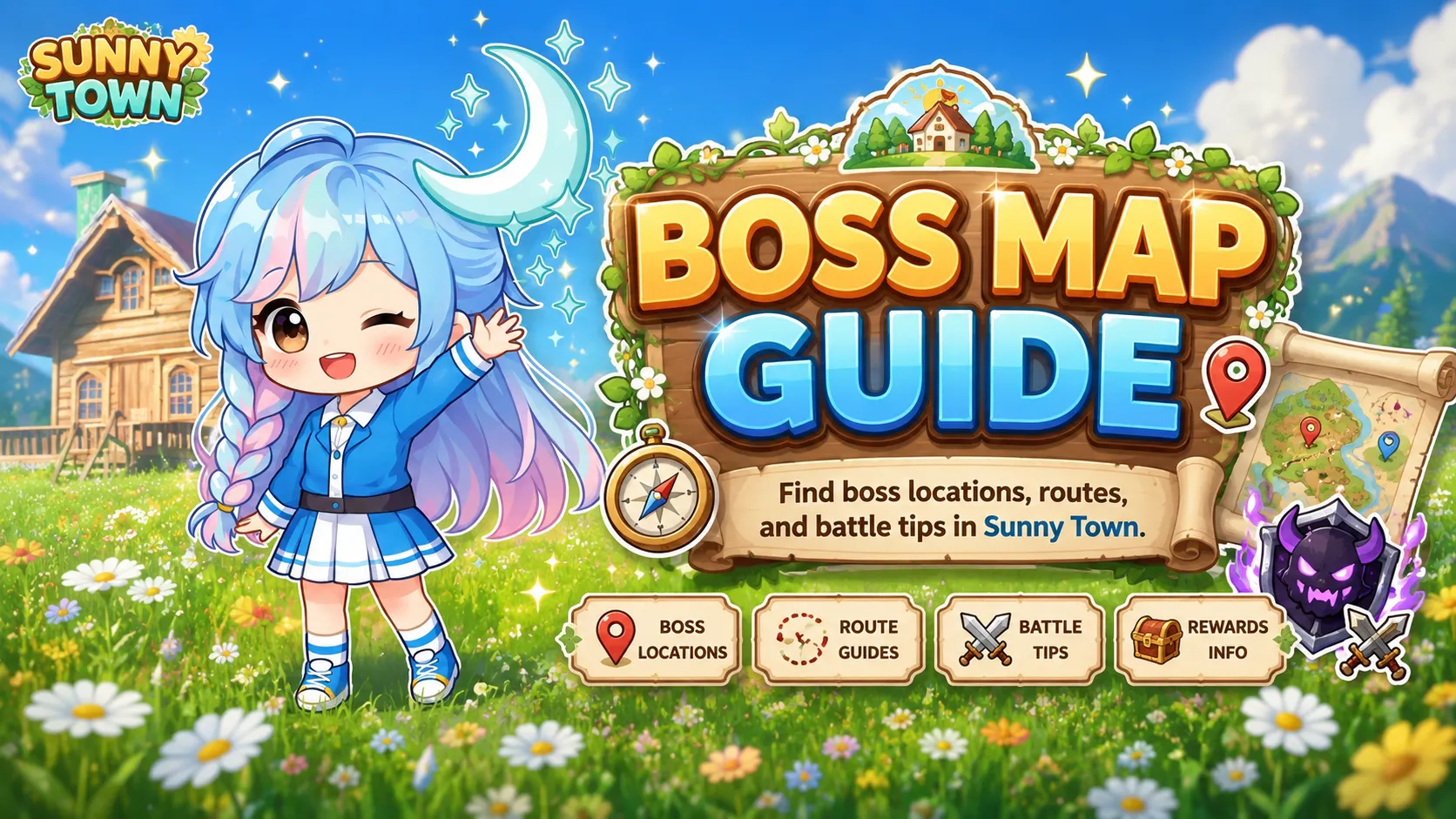 Panduan Boss Hunting Sunny Town yang menampilkan menu Boss Arena, reward box, Shop Yumi, Shop Mr. An, dan penukaran gemstone